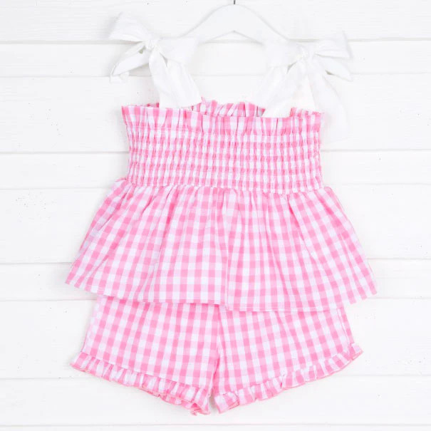 Pink Gingham Shirred Ruffle Short Set | Classic Whimsy