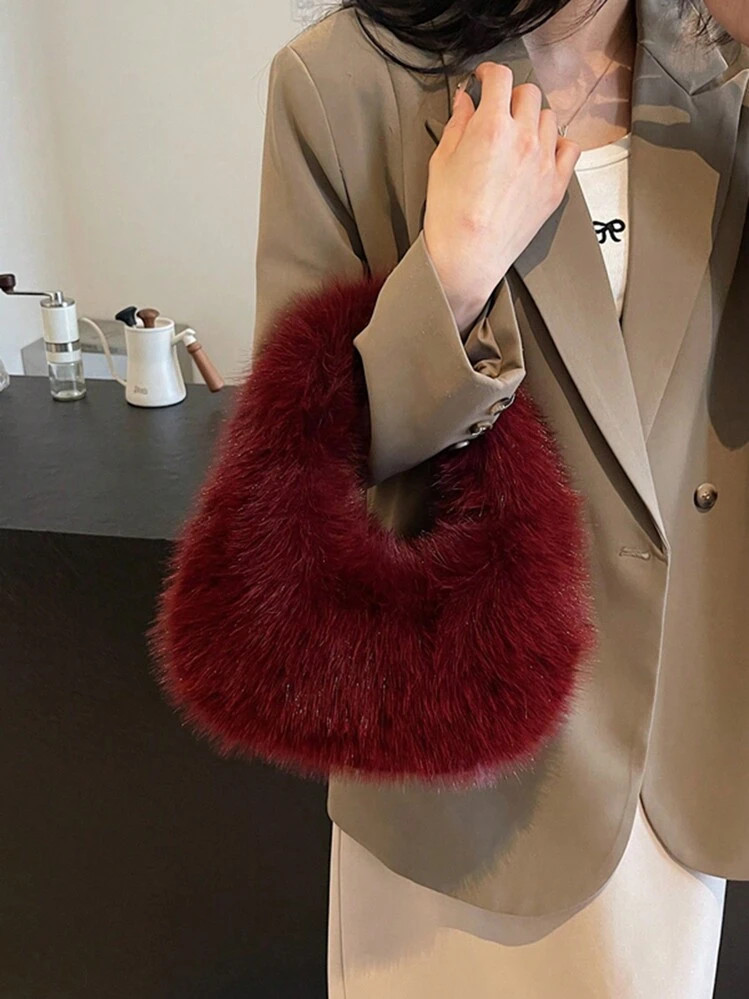 Burgundy Fluffy Tote Bag, Women Shoulder Handbag | SHEIN