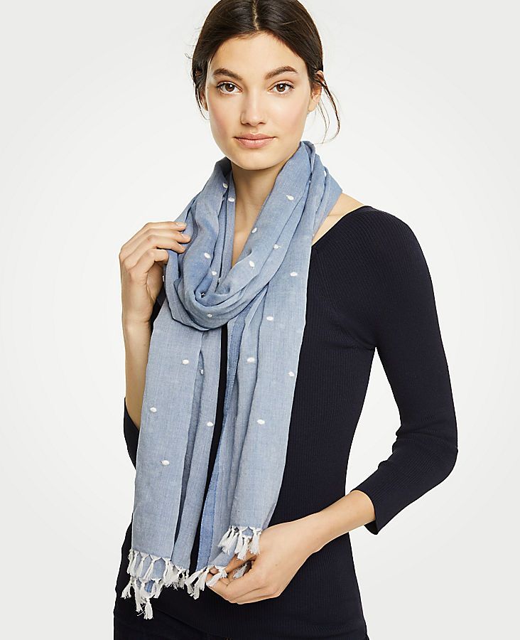 Chambray Embroidered Dot Tassel Scarf | Ann Taylor (US)