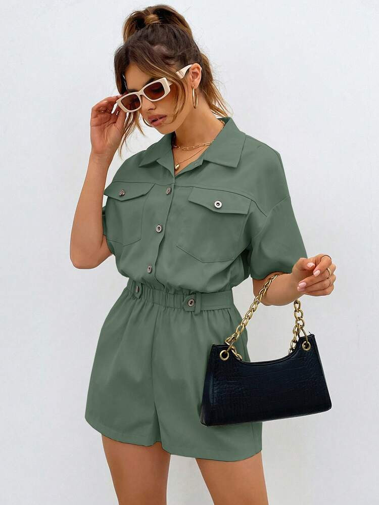 SHEIN Frenchy Flap Pocket Drop Shoulder Shirt Romper
       
              
              CA$27.4... | SHEIN