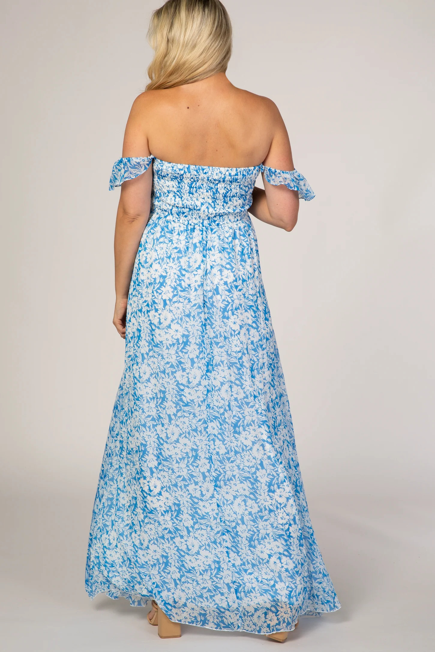 Blue Floral Flutter Sleeve Maternity Maxi Dress | PinkBlush Maternity