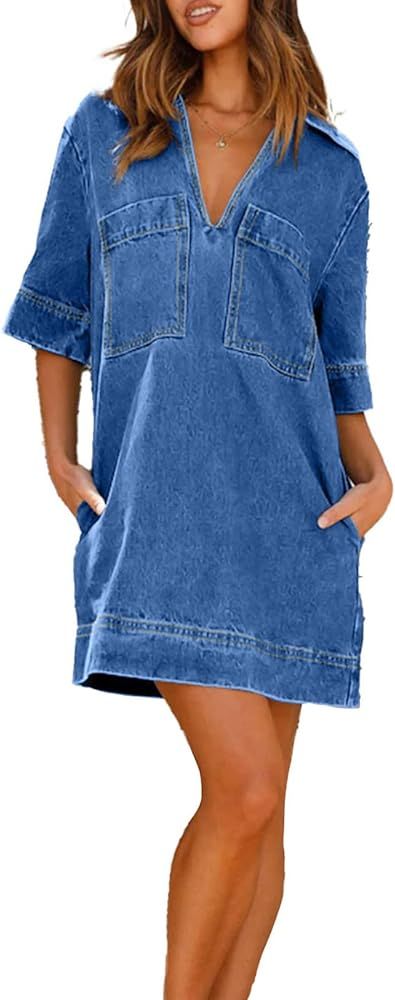 loveimgs Womens Summer Casual Denim Dress Short Sleeve V Neck Distressed Jean Dresses Mini Shirt ... | Amazon (US)