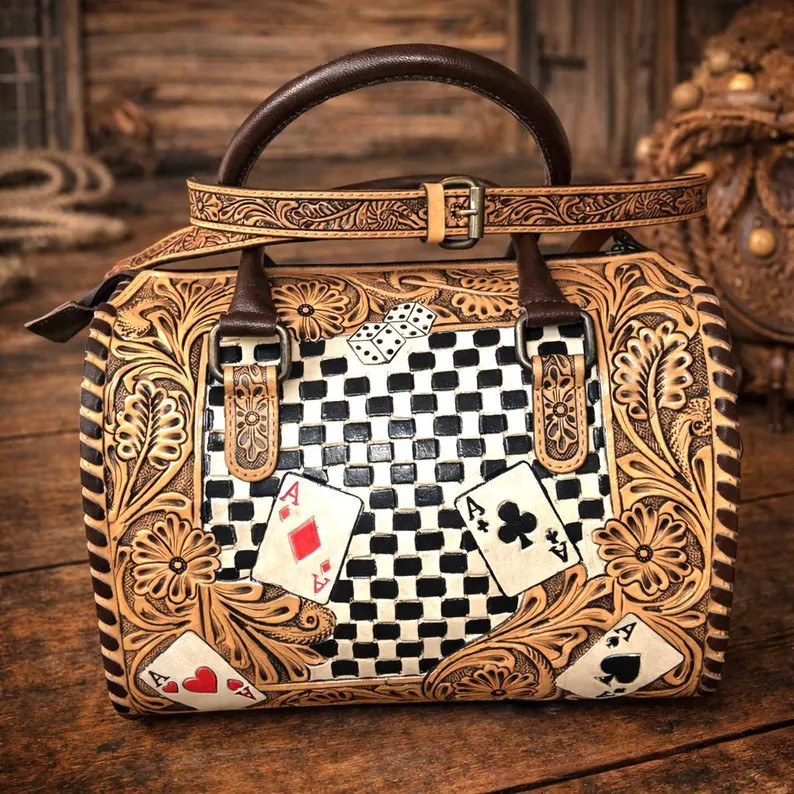 Tooled Leather Speedy Purse, Western Card & Dice Handbag - Etsy | Etsy (US)