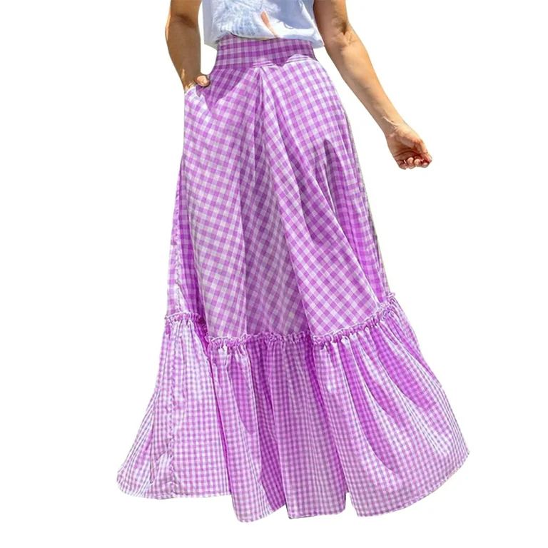 VONDA Women's Elastic Waist Checked Plaid Casual Maxi Skirts Long A-line Skirts | Walmart (US)