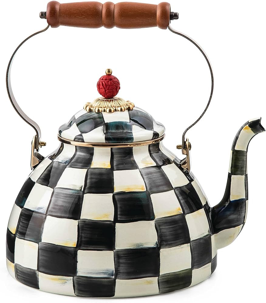 MACKENZIE-CHILDS Enamel Tea Kettle, Stylish Tea Kettle for Stovetop, Black-and-White Courtly Chec... | Amazon (US)