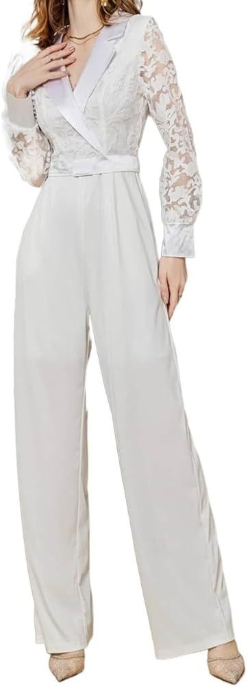 Women's Elegant Lace Long Sleeve Jumpsuits Sexy V Neck Rompers High Waisted Wide Leg Long Pants P... | Amazon (US)