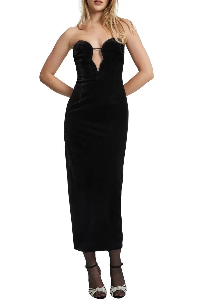 Bardot Lilah Strapless Stretch Velvet Midi Dress | Nordstrom | Nordstrom