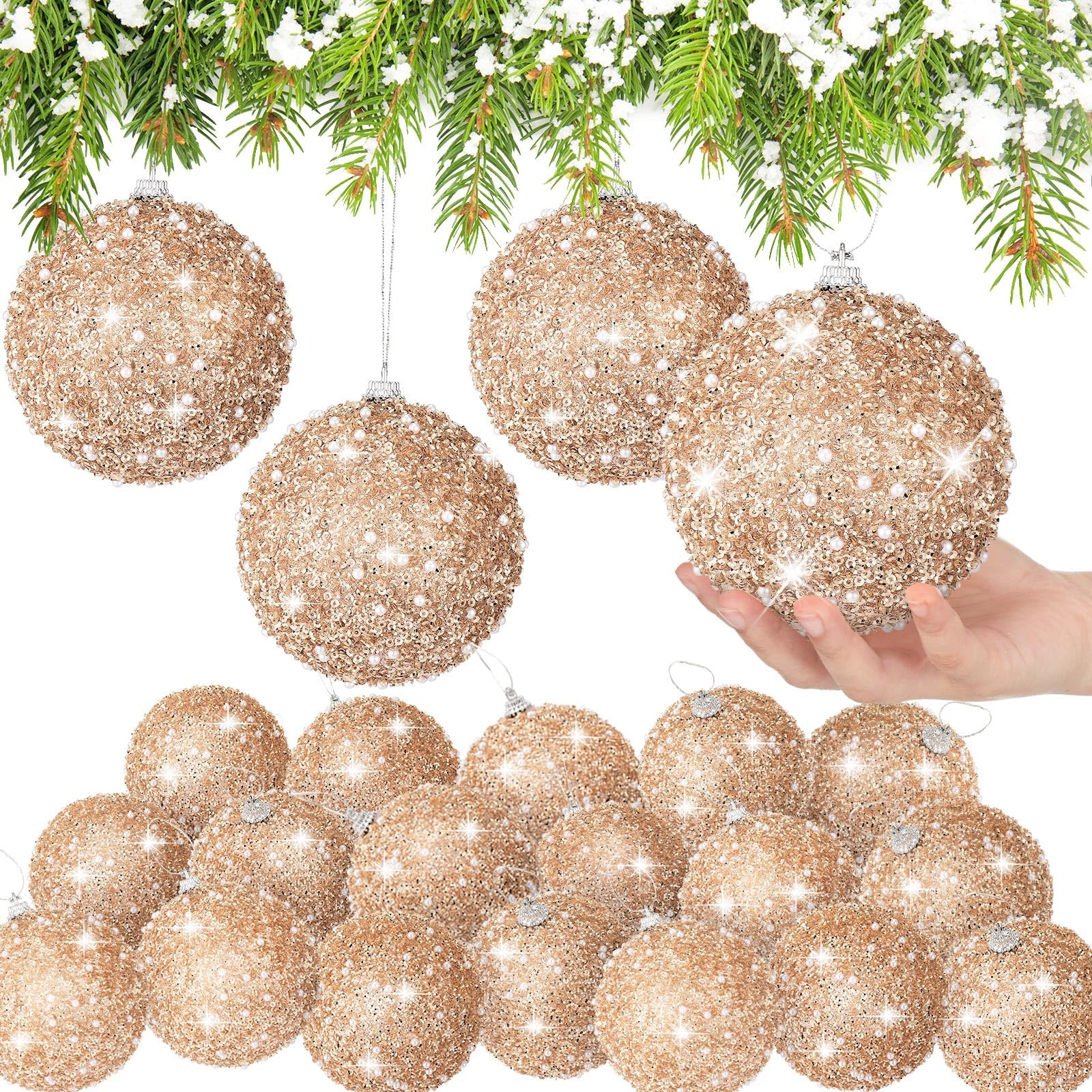 Lyrow 24 Pcs 4" Glitter Christmas Ball Ornament Set Christmas Ball Bulk Xmas Sequin Foam Hanging ... | Amazon (US)