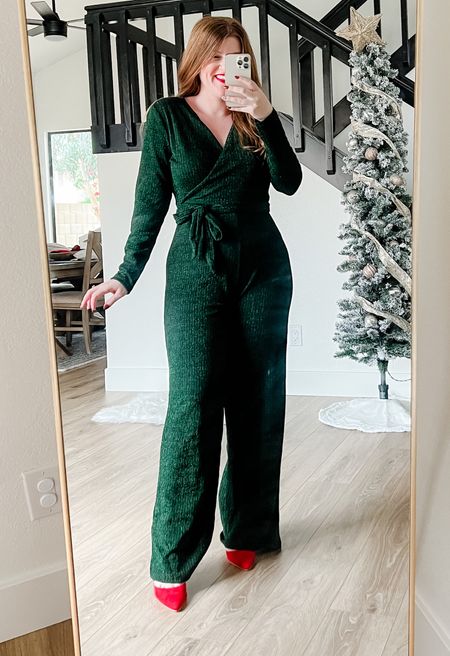 Love this holiday outfit from amazon! Green jumpsuit. Amazon outfit. Holiday jumpsuit. 

#LTKstyletip #LTKunder50 #LTKHoliday