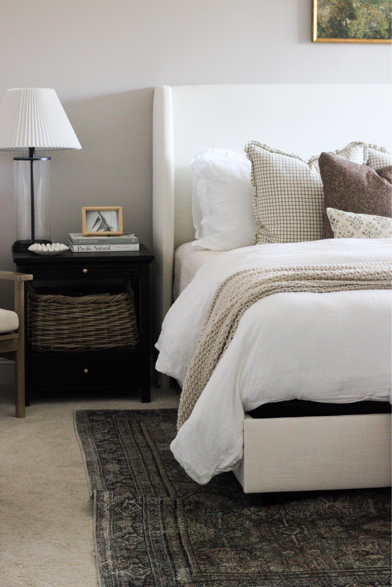 Master bedroom, pillow arrangement for king bed, bedroom decor, area rug, black nightstands 

#LTKFindsUnder100 #LTKHome #LTKStyleTip