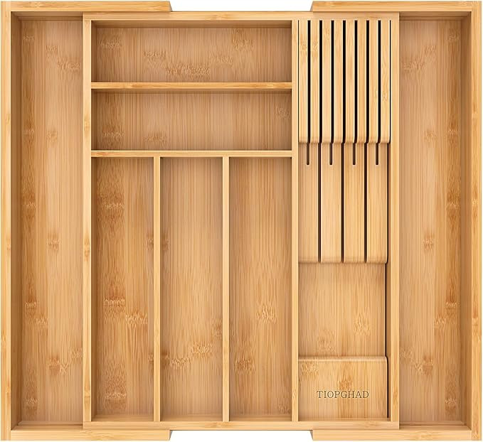 Bamboo-Silverware-Drawer-Organizer-Kitchen, Expandable Utensil Holder Cutlery Tray Flatware Organ... | Amazon (US)