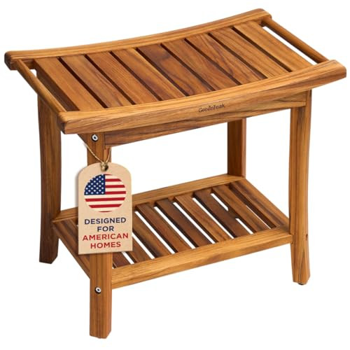 22" Premium Teak Wood Shower Bench with Shelf & Handles, Natural | Amazon (US)