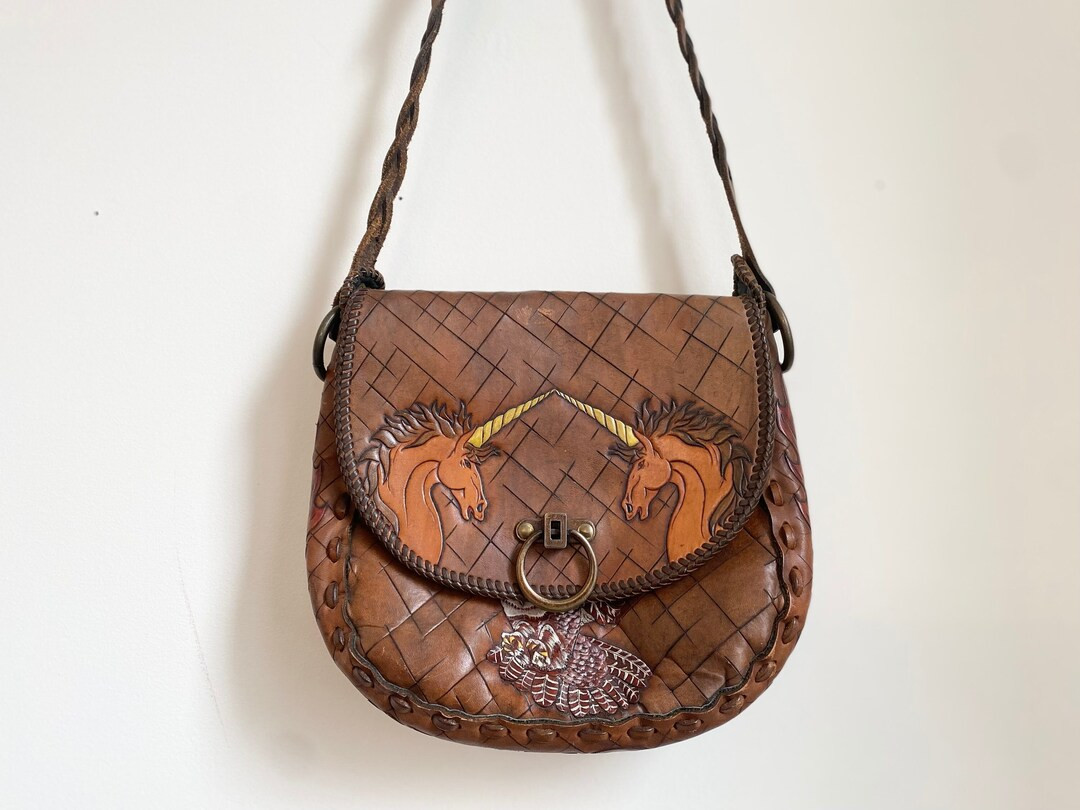 Vintage 70s 80s Ornate Hand Tooled Leather Purse With Unicorns, Eagle, and Owl - Etsy | Etsy (US)