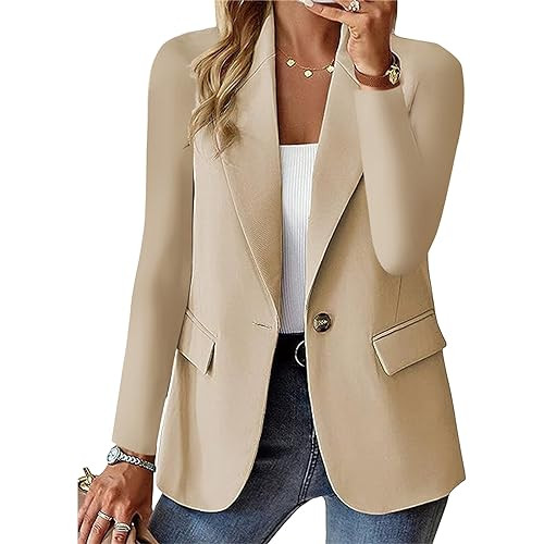 Bussiness Casual Blazers for Women Long Sleeve Button Open Front Blazer Jacket Solid Trendy Suite Jacket with Pockets A-Beige | Amazon (US)