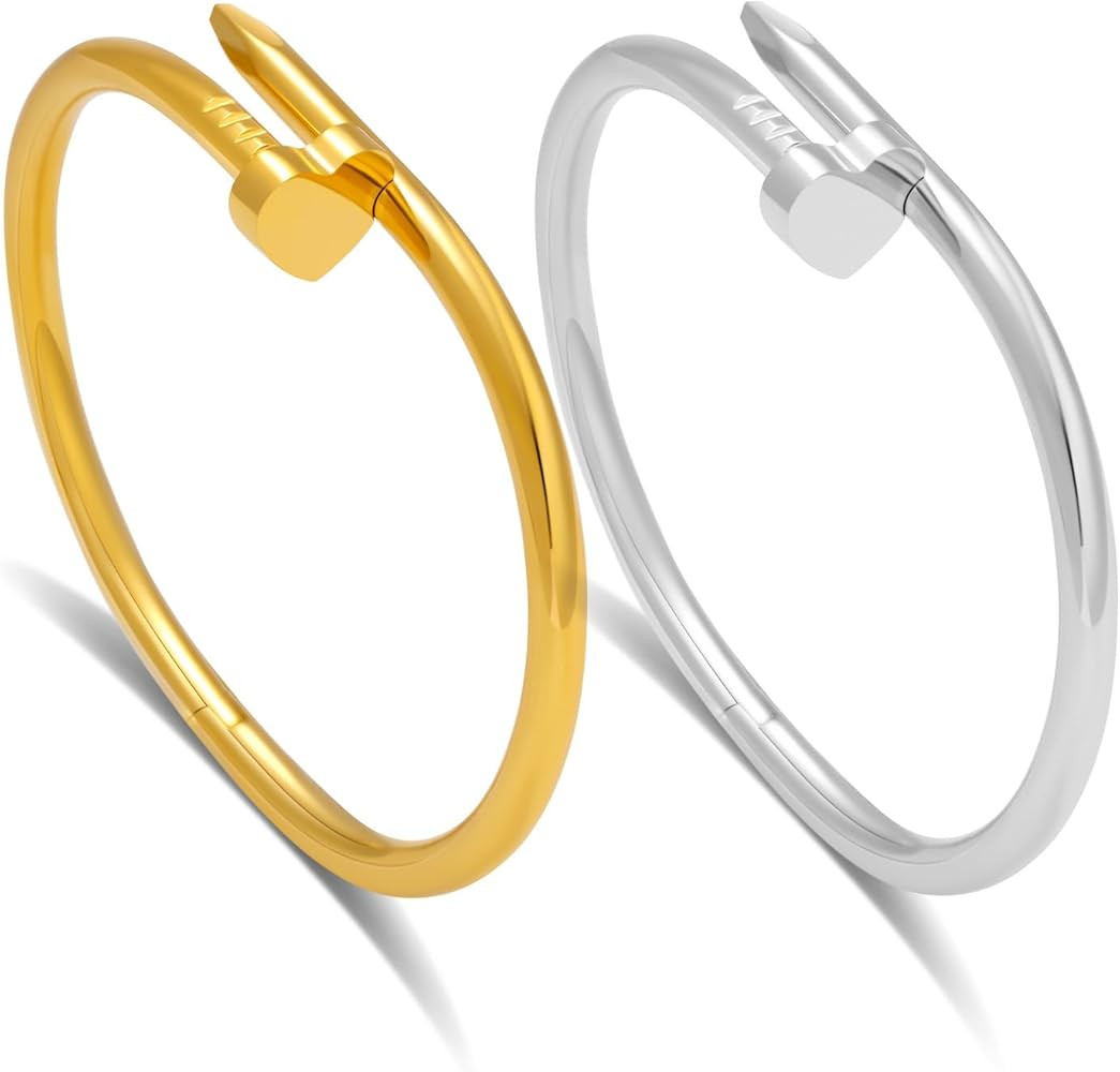 18 K Gold Plated Double Bangle Bracelet Stack Love Jewelry Set for Women Gift with Box | Amazon (US)