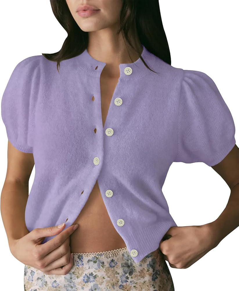 Womens Puff Short Sleeve Cardigan Sweaters Cropped Button up Lightweight Y2k Knit Summer Cardigan... | Amazon (US)