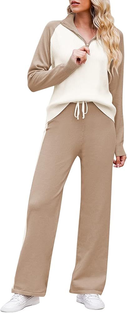 Fixmatti Women 2 Piece Knit Outfits Colorblock Half Zipper Sweater Top and Wide Leg Pants Sweatsu... | Amazon (US)