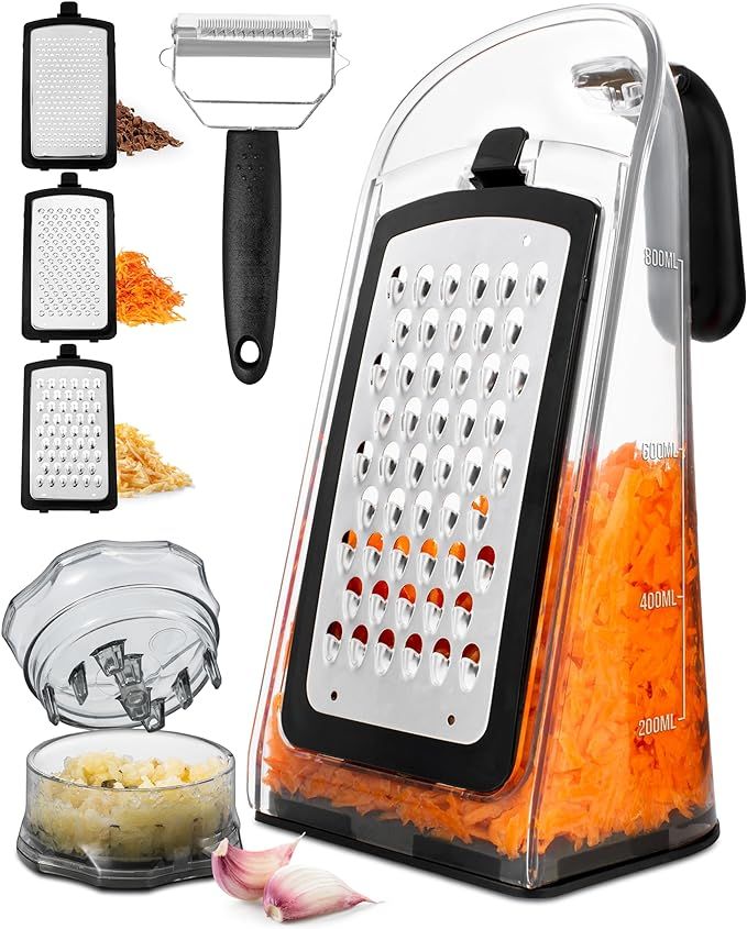 Cheese Grater with Garlic Crusher - Box Grater Cheese Shredder - Cheese Grater with Handle - Grat... | Amazon (US)