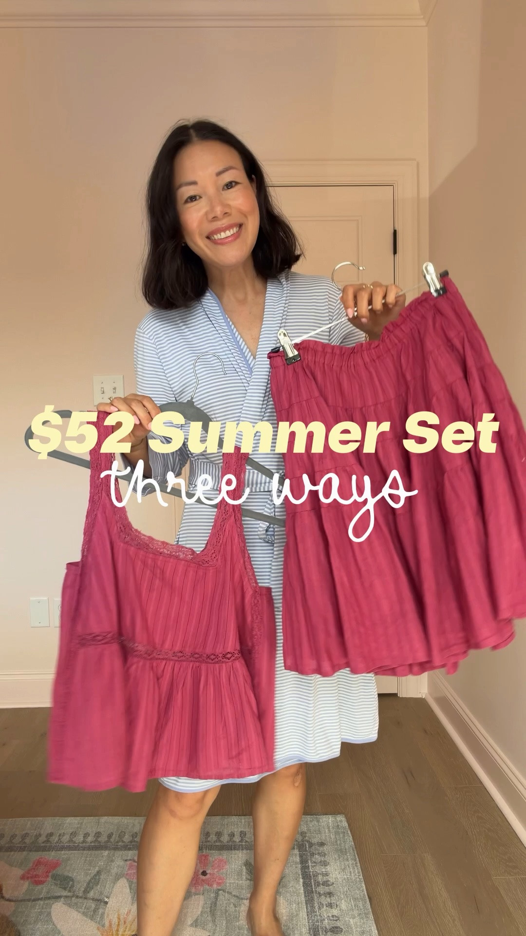 sizing: wearing XS in pink tank, Small in skirt. Blue striped jeans are size 6 (a little big) and denim top is size Small. 

@SEZANE @lalumierenewyork

Is Summer 2026 the summer of the matching set?? Love this cotton rose colored lace tank and tiered skirt combination. Worn together would be perfect for a beach vacation, with the striped jeans, great for brunch with friends, and swapping out for a denim tank, perfect date night outfit. 

#matchingset #summerstyle #vacationoutfit #momstyle #sezanelovers