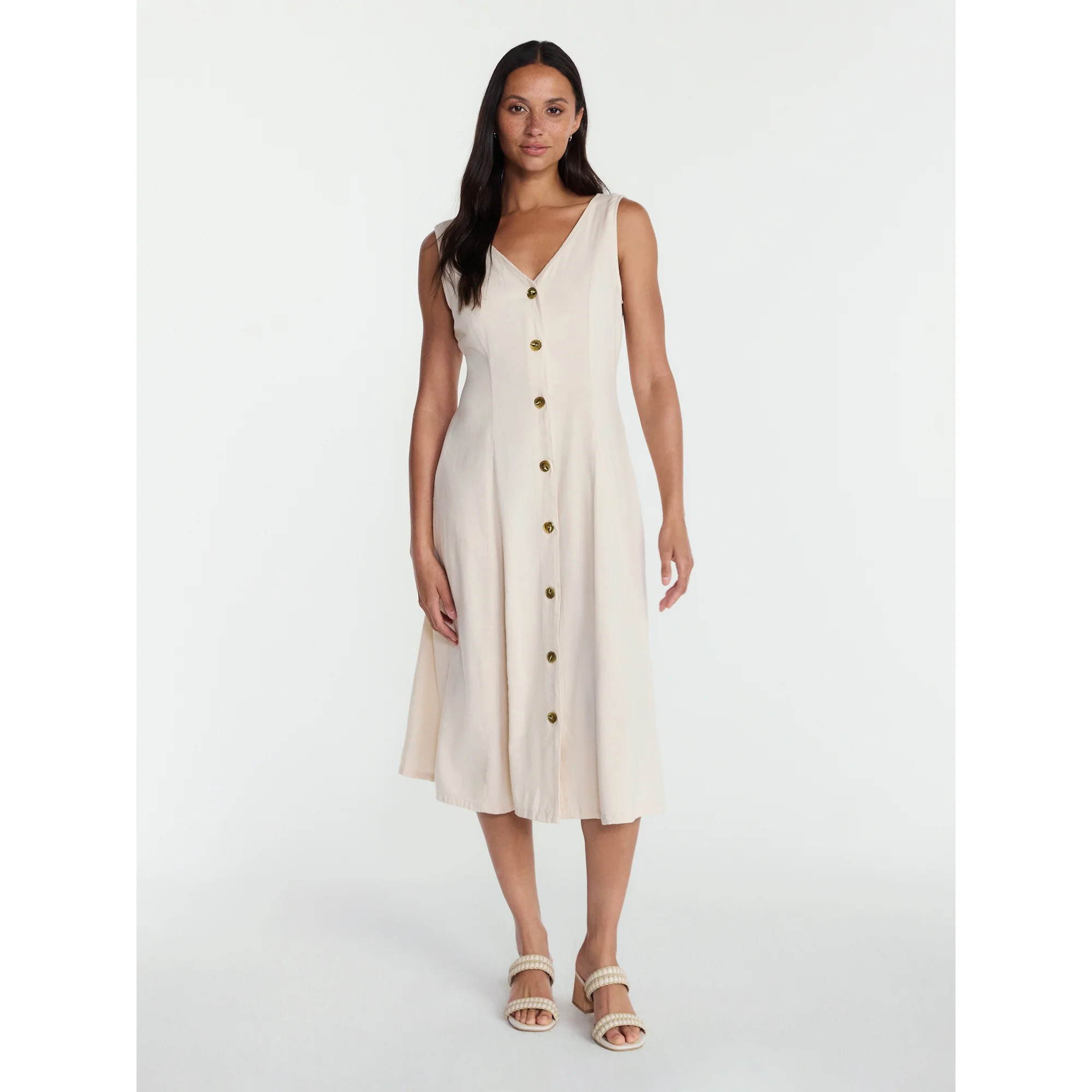 Time and Tru Women's Sleeveless Button Down Linen Blend Dress, Sizes XS-XXXL | Walmart (US)