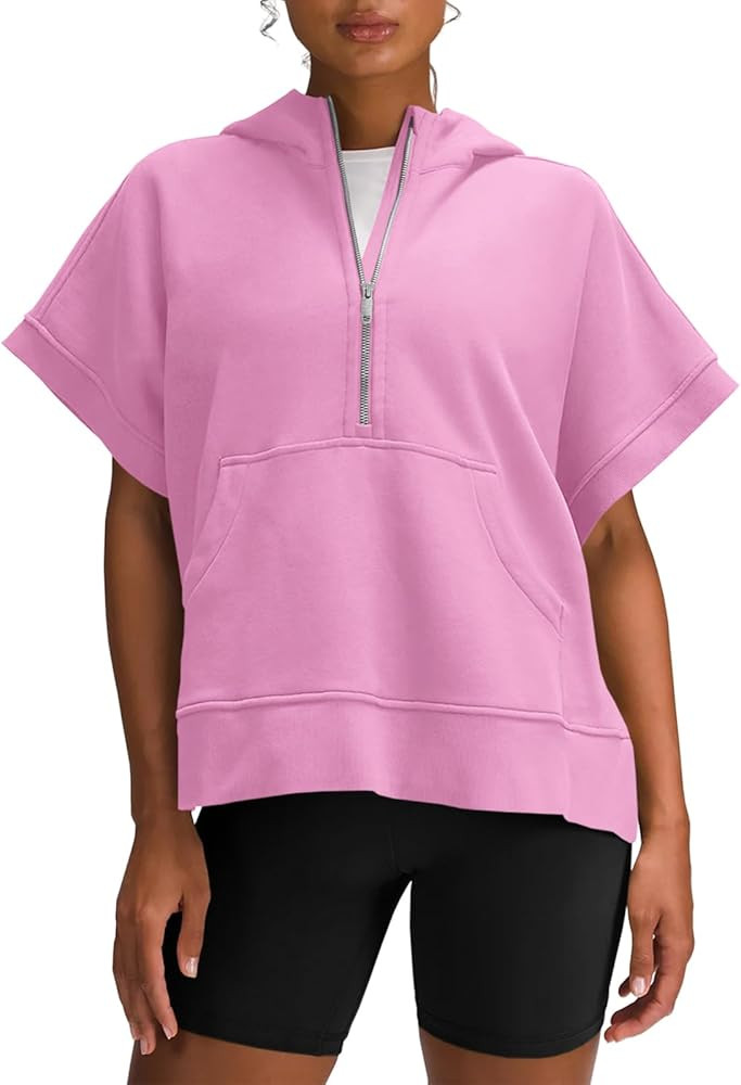 Fisoew Womens Oversized Half Zip Hoodies Short Sleeve Casual Sweatshirts Pullover Tops with Pockets | Amazon (US)