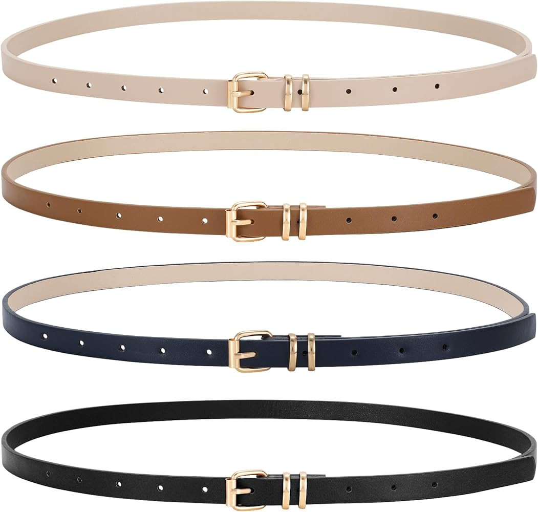 LEACOOLKEY 4 Pack Women Skinny Leather Belts for Dress with Gold Buckle Ladies Thin Waist Belt fo... | Amazon (US)