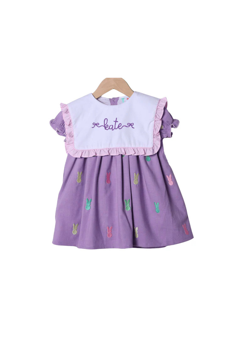 Embroidered Peep Lavender Linen Bib Dress | The Smocked Flamingo