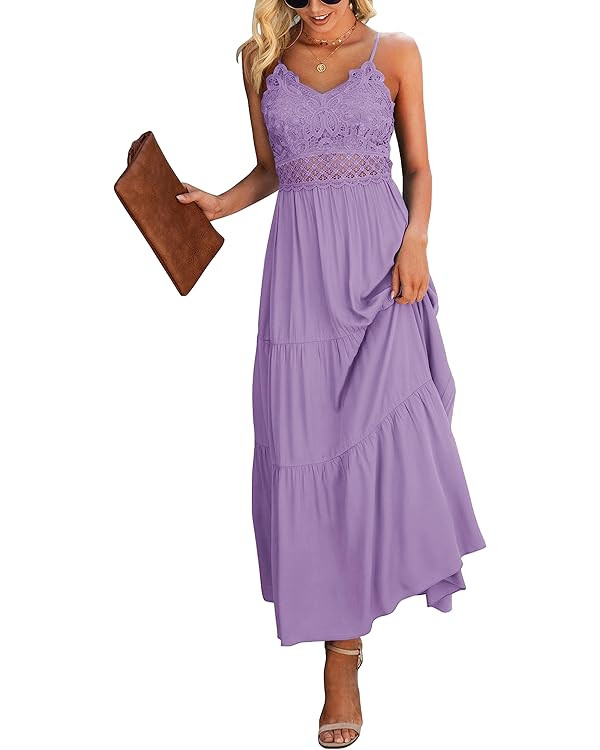 Dokuritu Women's Beach Crochet Lace Maxi Dress Solid Color Summer Vacation Spaghetti Strap Long D... | Amazon (US)