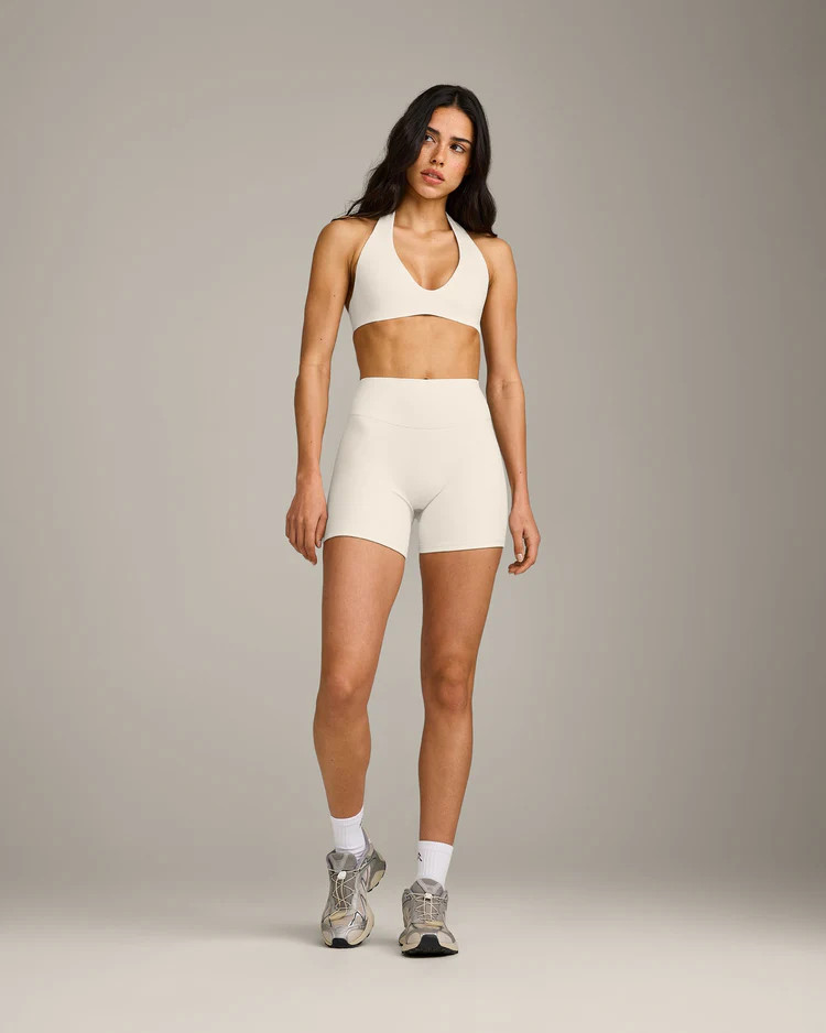 SoftMotion\u2122 Double Layer High Waisted Shorts 6" with Gray Logo 
 Marshmallow White | Oner Active (UK / US)