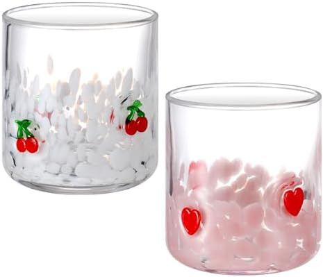 Yungyan 2 Pcs Valentine Icon Juice Glass 14oz Heart and Cherry Drinking Cocktails Glasses Cute Pi... | Amazon (US)