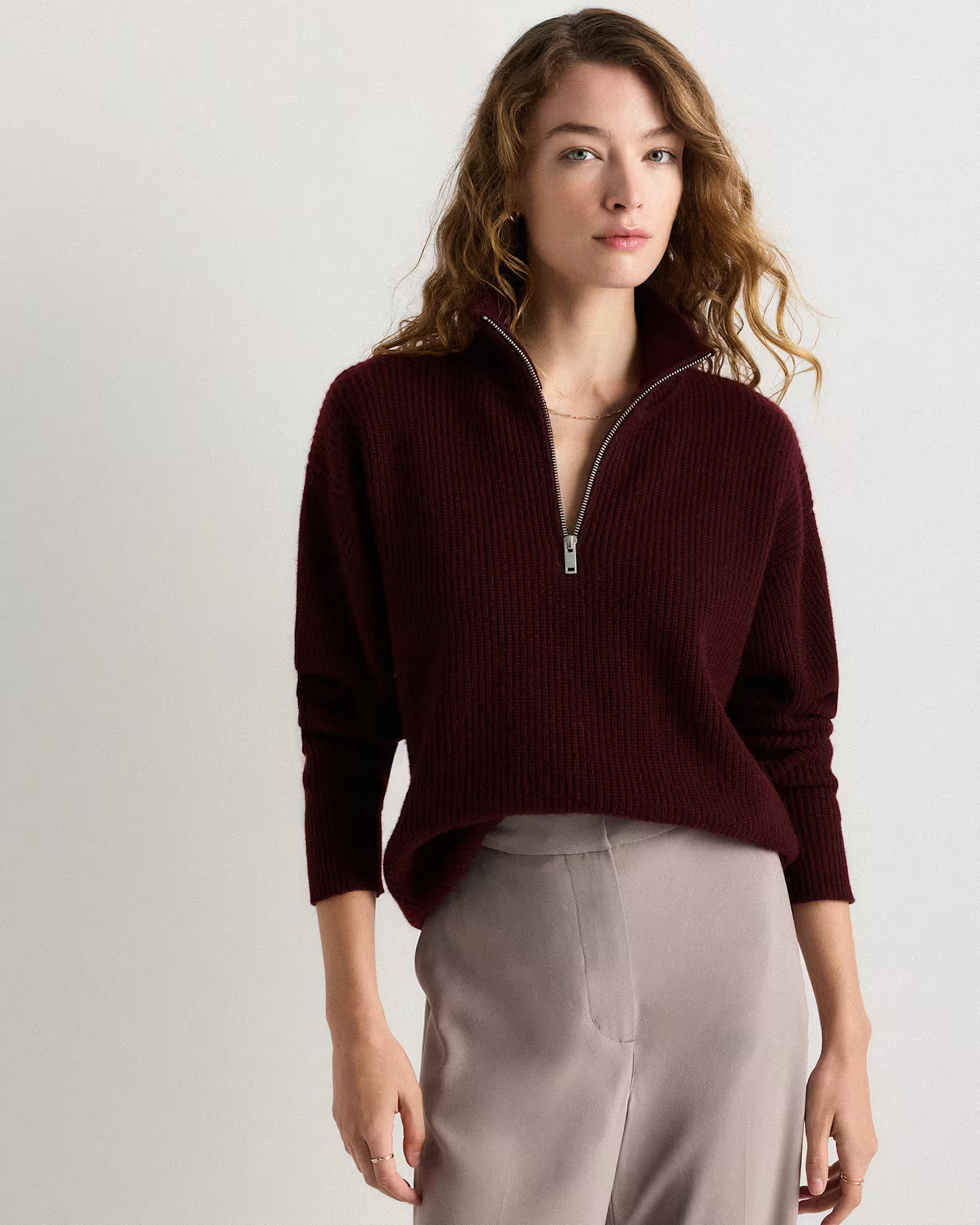 Mongolian Cashmere Fisherman Quarter Zip Sweater in Rich Burgundy | Quince