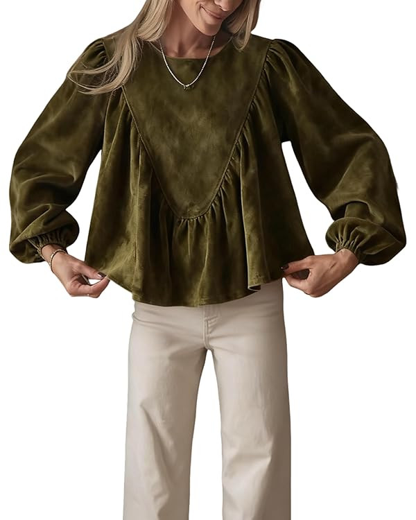 Womens Peplum Babydoll Top Casual Suede Blouse Loose Lantern Sleeve Back Button Shirts | Amazon (US)