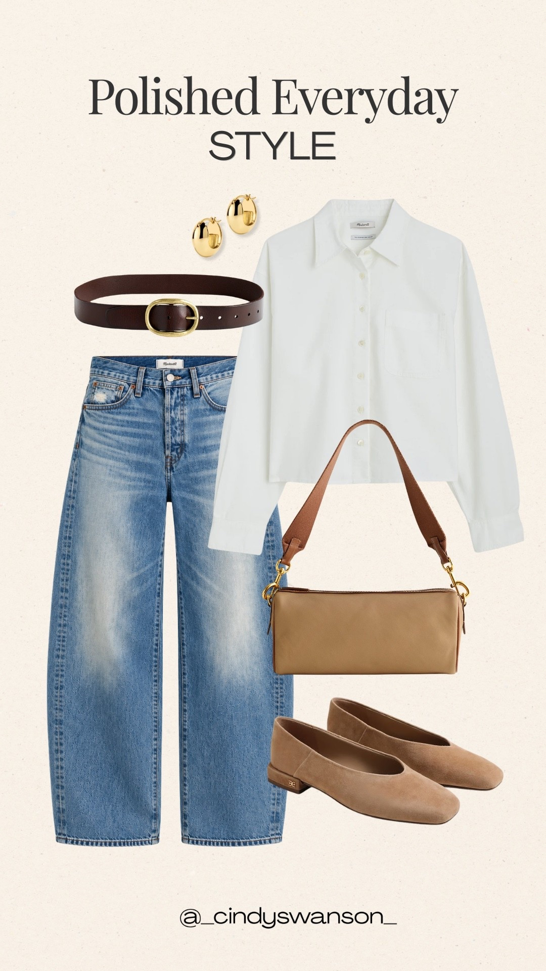 This is such an easy polished-everyday formula: a crisp white button-down with relaxed light-wash jeans, a classic brown belt, and taupe flats. The structured tote and simple gold jewelry keep it refined while the denim makes it feel effortless, an outfit that can easily go from errands to lunch.

#LTKgrwm #LTKootd #LTKOver40