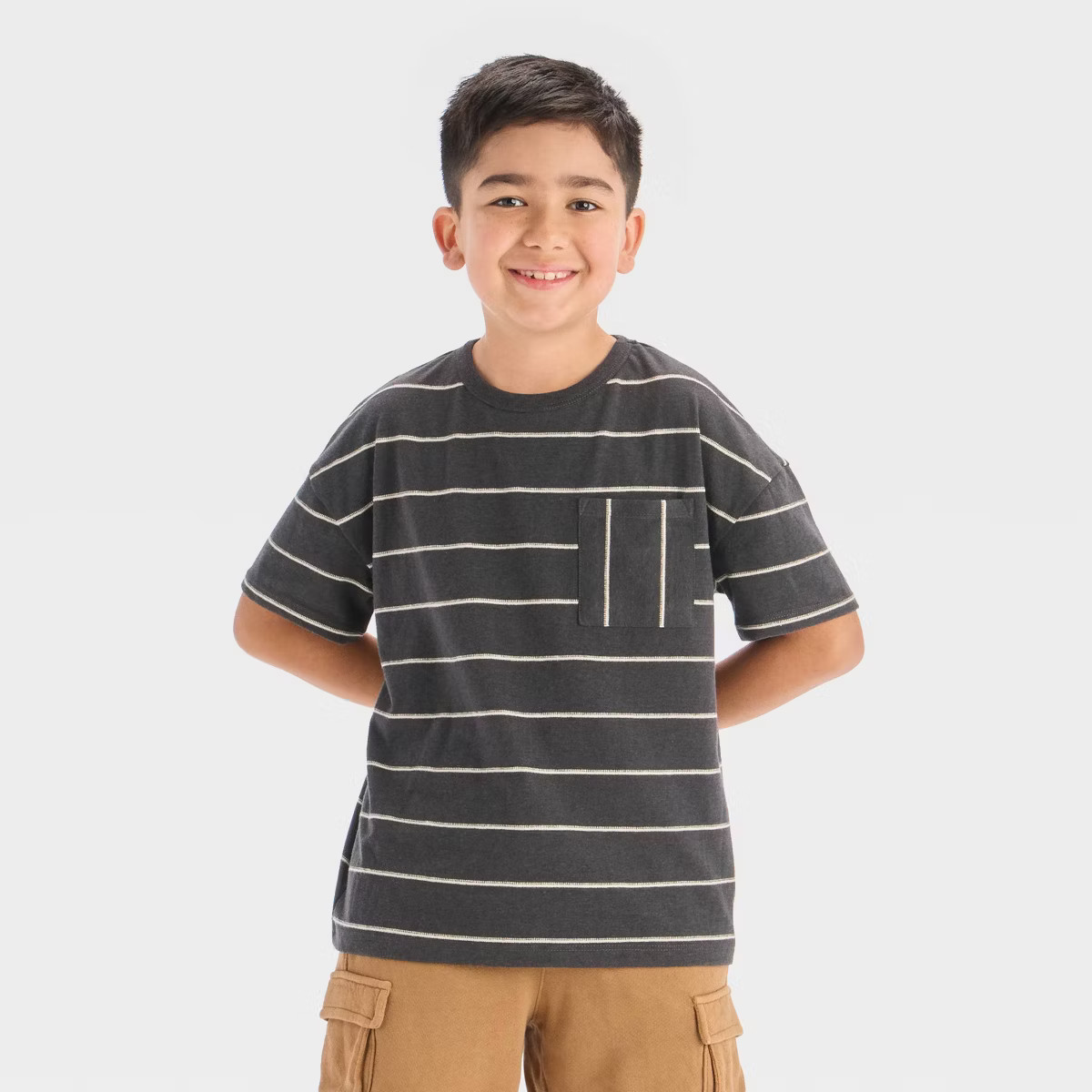 Boys' Short Sleeve Relaxed Fit Striped T-Shirt - Cat & Jack™ Charcoal/Beige S | Target
