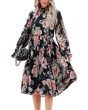 ANRABESS Women's Floral Midi Dress Puff Long Sleeve Casual Ruffle Chiffon A-Line Swing Pleated Be... | Amazon (US)