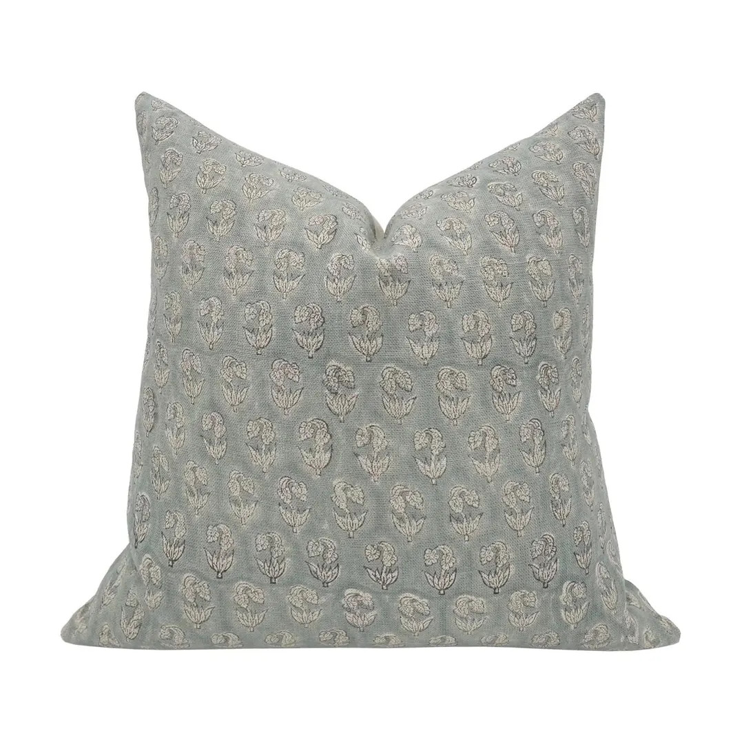 DAPHNE || Designer Floral Linen Pillow Cover, Greenish Blue Coastal Blue Pillow, Hand Block Print... | Etsy (US)