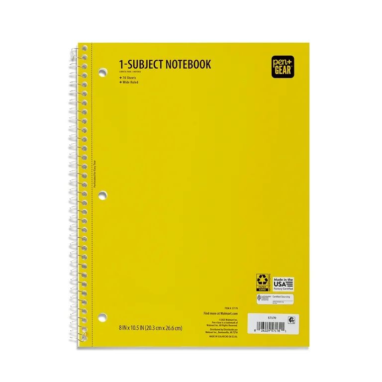 Pen + Gear College Rule 1-Subject Notebook, 10.5" x 8", Yellow, 70 Sheets | Walmart (US)