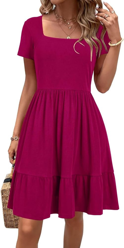 Newshows Women 2025 Summer Dress Square Neck Formal Short Sleeve Business Casual Outfits Ruffle S... | Amazon (US)