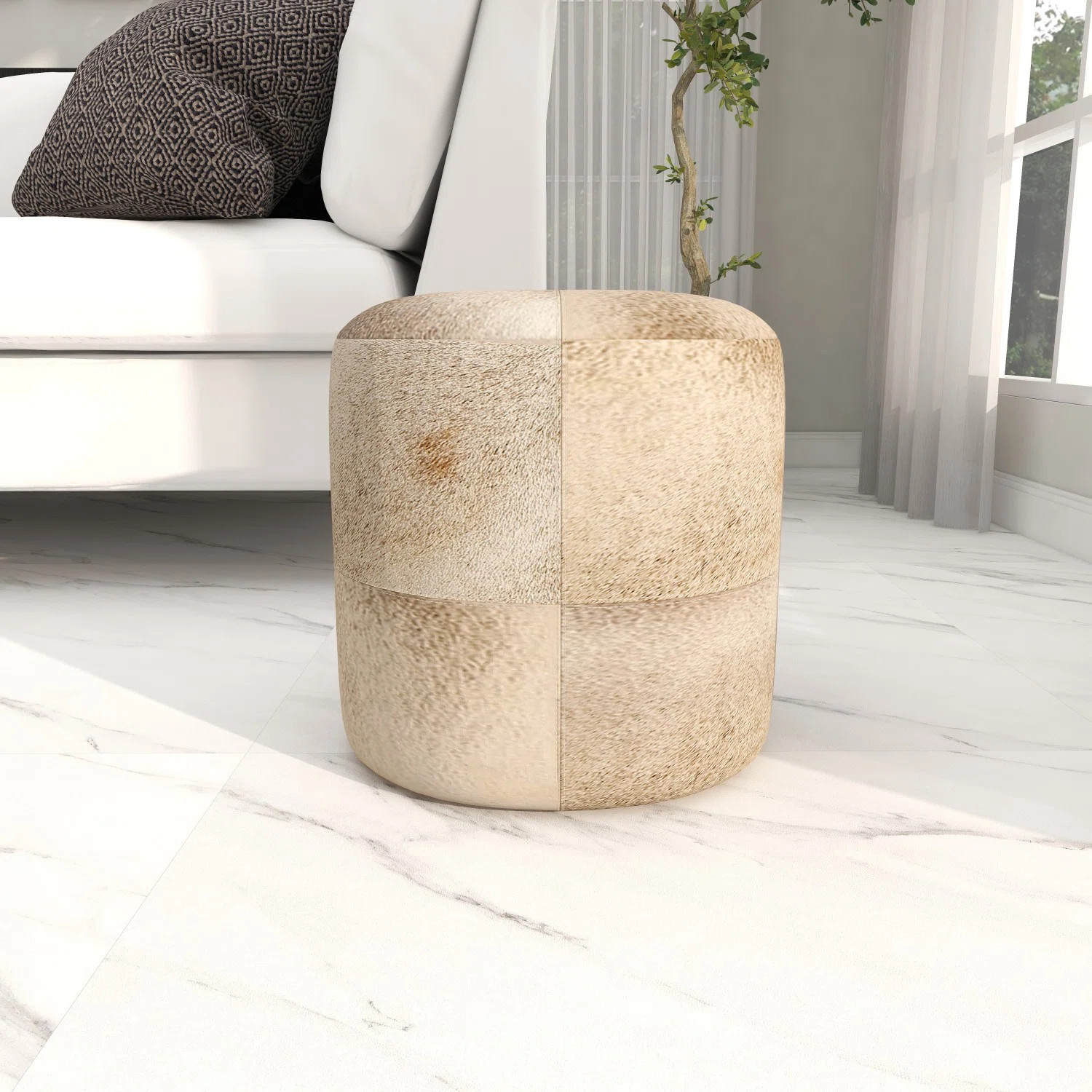 Alīna Leather Handmade Cowhide Living Room Stool with Patchwork Pattern | Wayfair North America