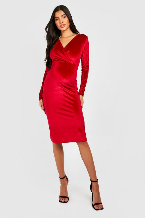 Maternity Velvet Wrap Midi Dress | Boohoo.com (US & CA)