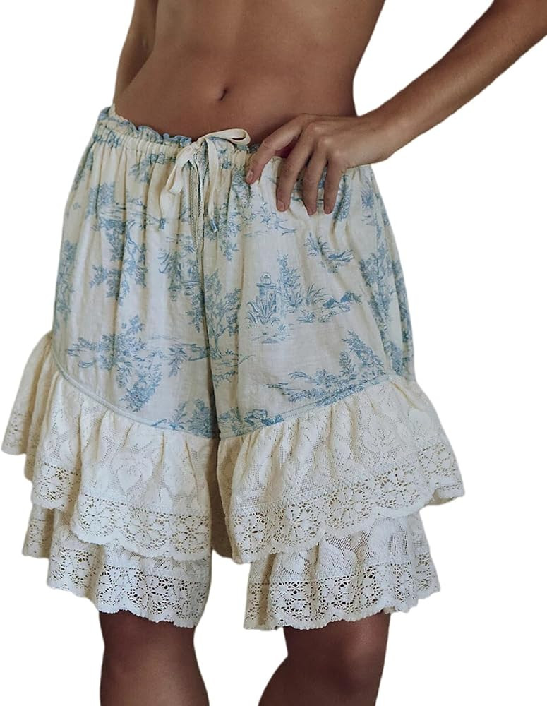 UAURORAO Women Boho Floral Bloomers Knee Length Pantaloons Coquette Layered Ruffle Lace Shorts Pa... | Amazon (US)