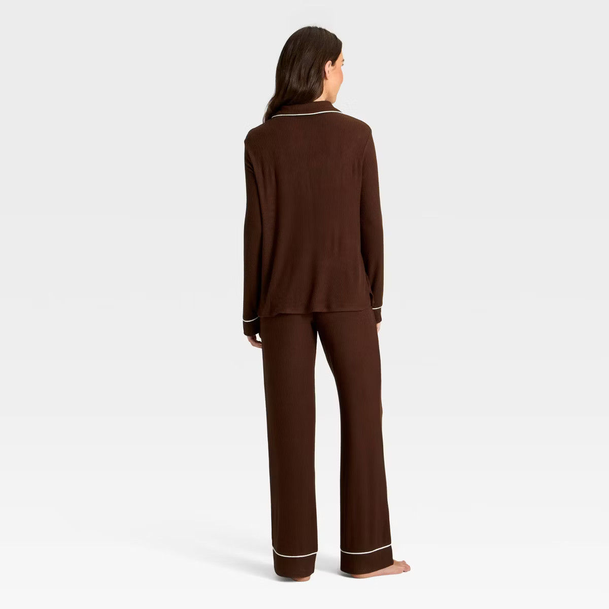 Women's Cozy Ribbed Notch Collar Long Sleeve Shirt and Pants Pajama Set - Auden™ Brown XL | Target