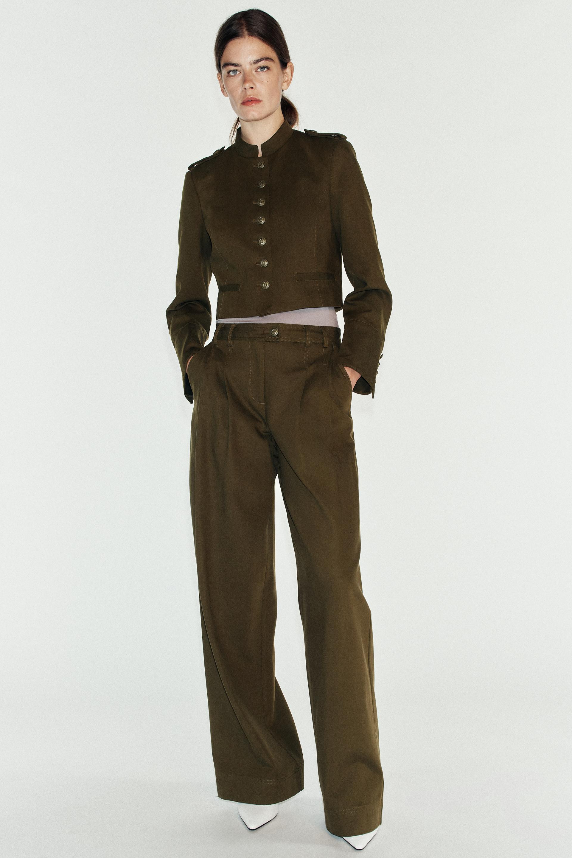 Zara - Wide-Leg Pleated Pants - Khaki - L - Woman | Zara US
