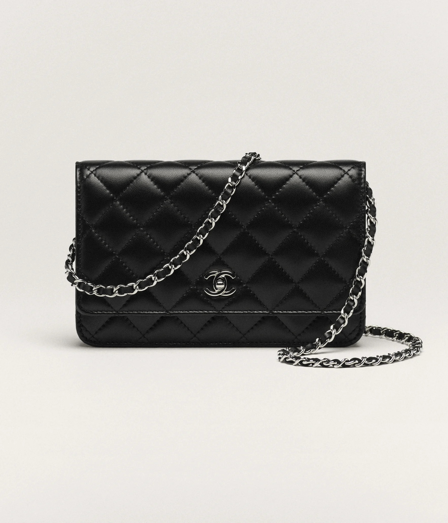 Classic wallet on chain - Lambskin & silver-tone metal, black — Fashion | CHANEL | Chanel, Inc. (US)