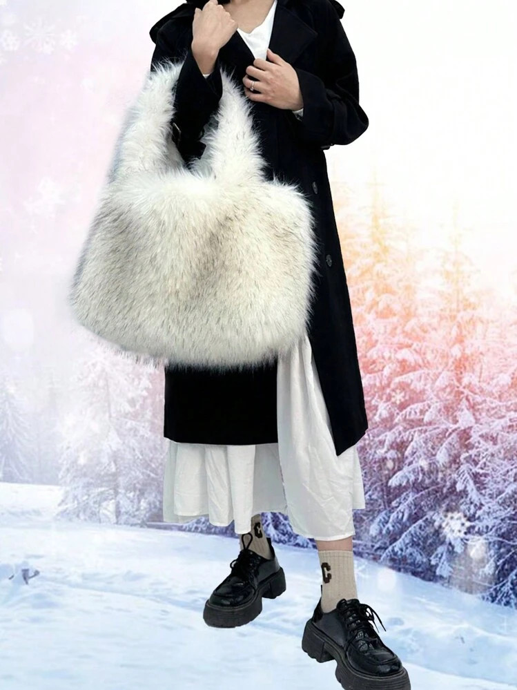 1st Herfst/Winter Nieuwe Grote Capaciteit Pluche Tote Schoudertas, Luxe Pluche Schoudertas van Im... | SHEIN