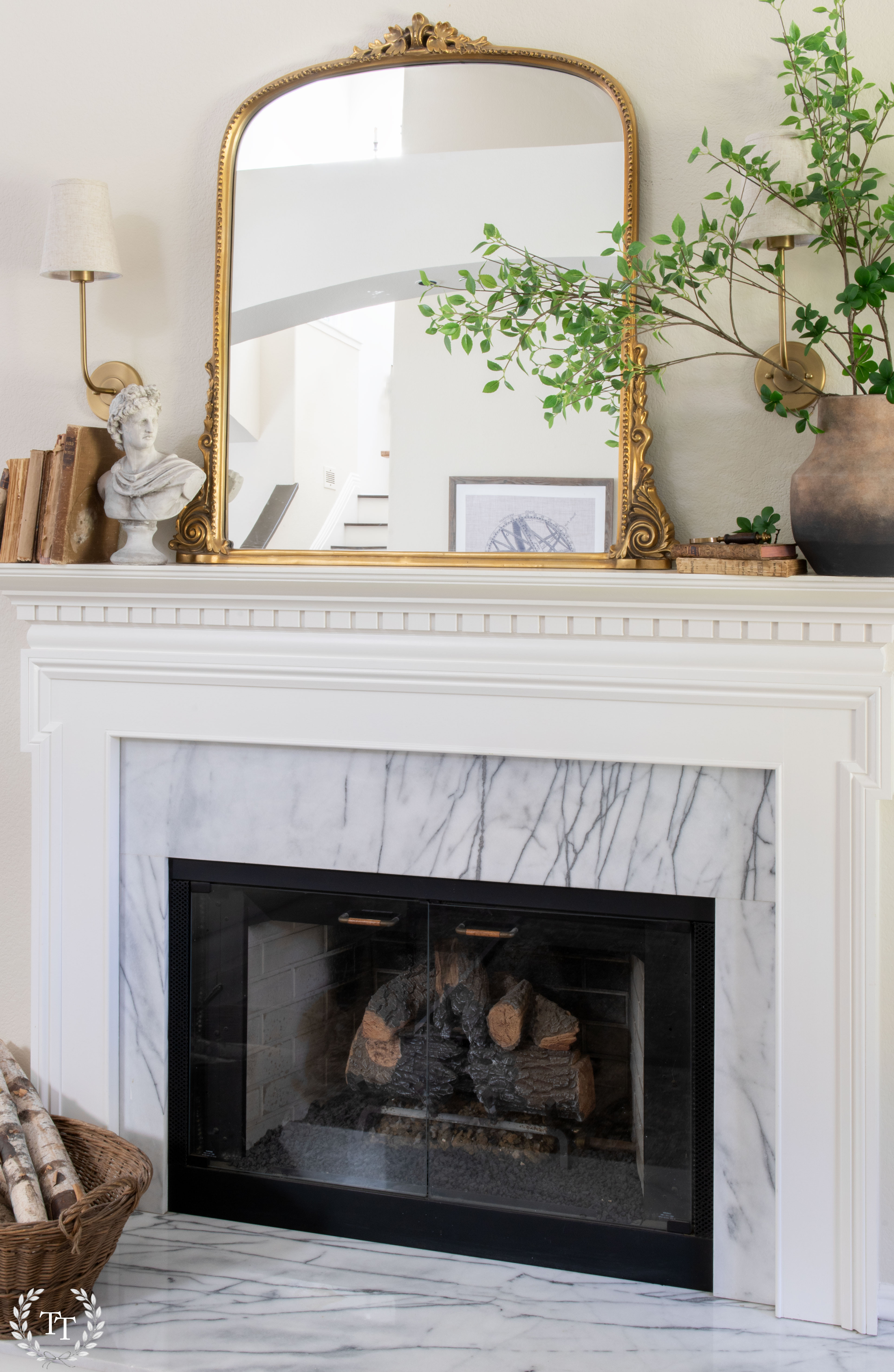 My collected living room mantel #mantelstyling #manteldecor #goldmirror #primrosemirror 

 #LTKdayinmylife #LTKOver40 #LTKHome