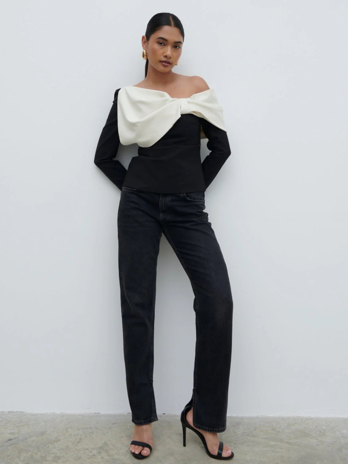 Naomi Exaggerated Bow Top - Black and Cream | Pretty Lavish (UK)