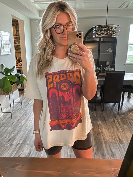 Graphic tee - men’s, I stayed tts (large) for an oversized fit and to be leggings friendly 
Bike shorts - tts (large) 
Glasses are blue light blockers 

#LTKcurves #LTKstyletip