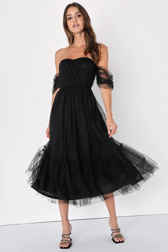 Divine Dreamer Black Tulle Off-the-Shoulder Tiered Midi Dress | Lulus (US)