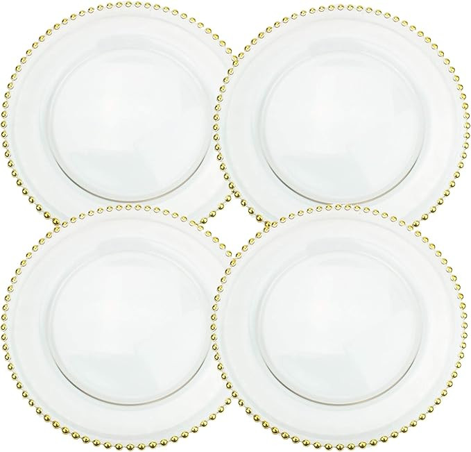 Clear Glass Charger 12.6 Inch Dinner Plate With Beaded Rim - Set of 4 - Gold | Amazon (US)